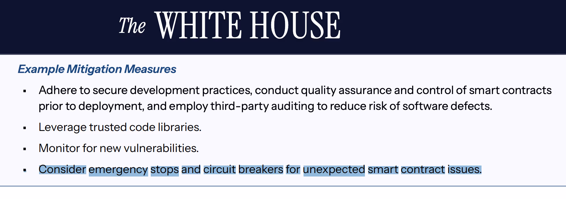 White House recommends circuit breakers and similar safeguards for smart contracts.
